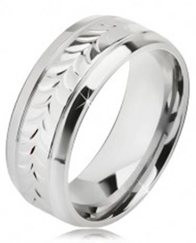 Lesklý oceľový prsteň, ryhy, vzor z rozdvojených lístkov - Veľkosť: 57 mm