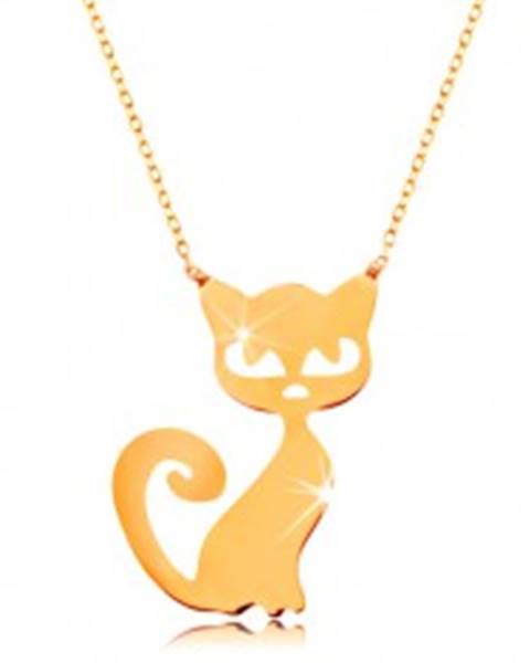 Zlatý náhrdelník 585 - jemná ligotavá retiazka, plochý prívesok - mačička