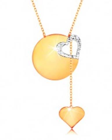 Zlatý náhrdelník 585 - jemná retiazka, lesklý plochý kruh, kontúra srdca z bieleho zlata