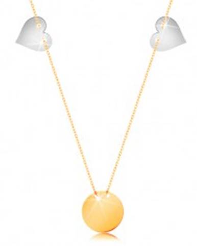 Zlatý náhrdelník 585 - tenká retiazka, lesklý plochý kruh, dve srdcia z bieleho zlata