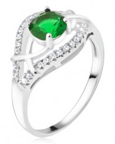 Strieborný prsteň 925 - zelený okrúhly kamienok, zirkónové ramená - Veľkosť: 50 mm