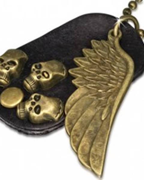 Náhrdelník - hnedá kožená oválna známka, krídlo, lebky, retiazka