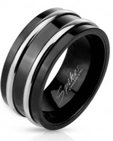 Oceľový prsteň čiernej farby - dve tenké lesklé obruče striebornej farby - Veľkosť: 60 mm