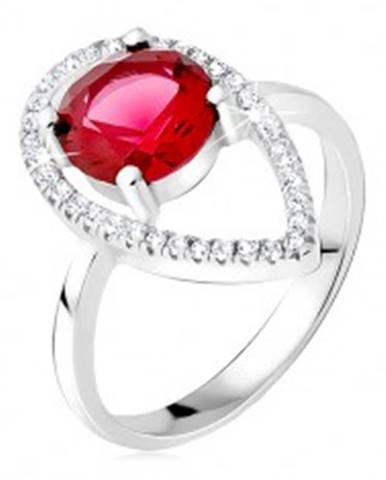 Strieborný prsteň 925 - okrúhly červený kameň, slzičková kontúra zo zirkónov - Veľkosť: 50 mm