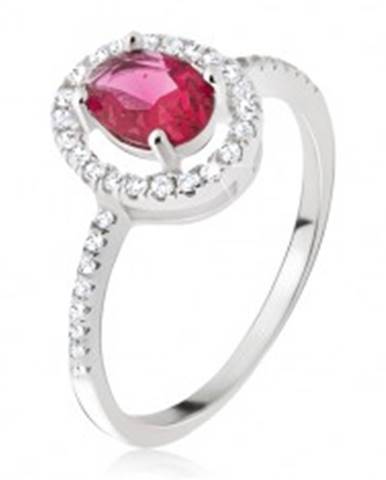 Strieborný prsteň 925 - oválny ružovočervený kamienok, zirkónová obruba - Veľkosť: 49 mm