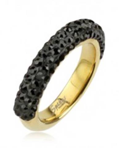 Oceľový prsteň zlatej farby zdobený čiernymi zirkónmi - Veľkosť: 49 mm