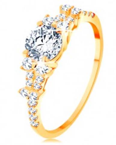 Zlatý prsteň 585 - rozdelené zirkónové ramená, veľký okrúhly zirkón čírej farby - Veľkosť: 49 mm