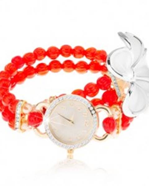 Analógové hodinky, korálkový červený náramok, ciferník so zirkónmi, biely kvet
