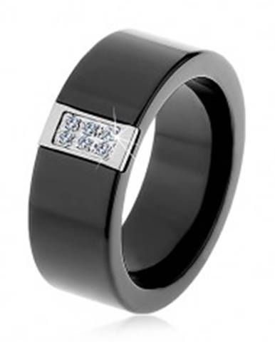 Čierny keramický prsteň s hladkým povrchom, oceľový obdĺžnik so zirkónmi - Veľkosť: 51 mm