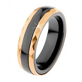 Keramický prsteň čiernej farby, brúsené oceľové pásy v zlatom odtieni - Veľkosť: 51 mm