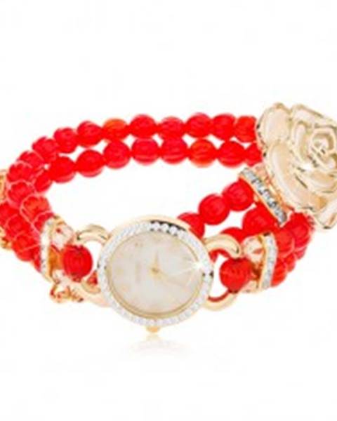 Analógové hodinky, korálkový červený náramok, ciferník so zirkónmi, biela ruža