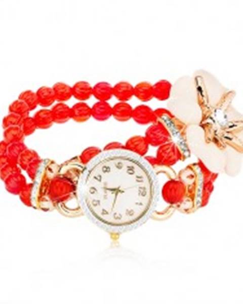 Náramkové hodinky z červených korálok, ciferník so zirkónmi, biely kvet so zirkónom