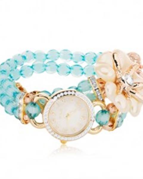 Náramkové hodinky z modrých korálok, ciferník so zirkónmi, biely kvet