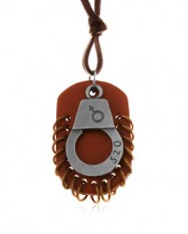 Nastaviteľný kožený náhrdelník - putá s číslom, hnedá známka s kruhmi