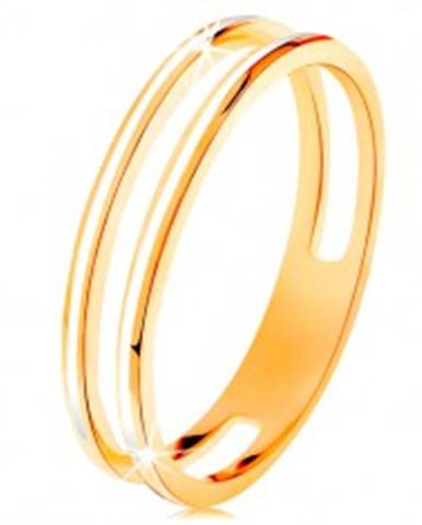 Prsteň v žltom zlate 585, dve úzke obruče zdobené bielou glazúrou - Veľkosť: 48 mm
