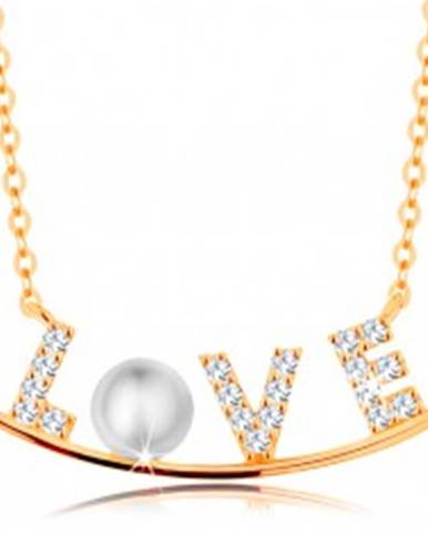 Zlatý náhrdelník 585 - zirkónový nápis LOVE na lesklom oblúku, biela perla