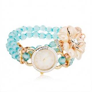 Náramkové hodinky z modrých korálok, ciferník so zirkónmi, biely kvet