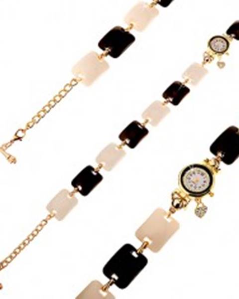 Čierno-biele náramkové hodinky, vypuklé obdĺžniky, ciferník s čírymi zirkónmi