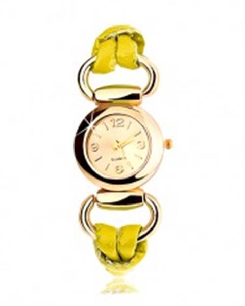 Náramkové hodinky, remienok zo žltého latexu, okrúhly ciferník zlatej farby
