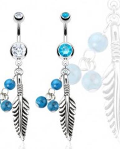 Oceľový piercing do bruška, pierko a tri tyrkysové guličky - Farba zirkónu: Aqua modrá - Q