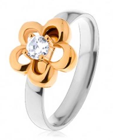 Oceľový prsteň v dvojfarebnom prevedení, obrys kvetu s vyvýšeným čírym zirkónom - Veľkosť: 49 mm