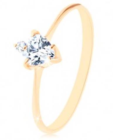 Zlatý prsteň 585 - brúsené zirkónové srdiečko čírej farby, drobný okrúhly zirkónik - Veľkosť: 49 mm