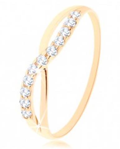 Zlatý prsteň 585 - hladká a trblietavá vlnka z okrúhlych čírych zirkónikov - Veľkosť: 49 mm