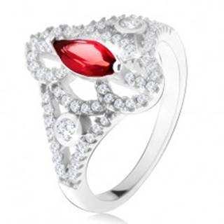 Strieborný 925 prsteň, zrniečkový červený kameň, vyrezávané zirkónové ramená - Veľkosť: 49 mm