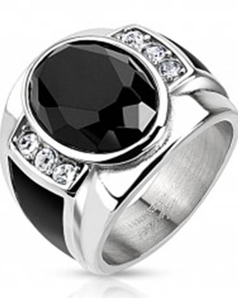Oceľový prsteň s čiernym brúseným oválom, čírymi zirkónmi a čiernymi pásmi - Veľkosť: 59 mm