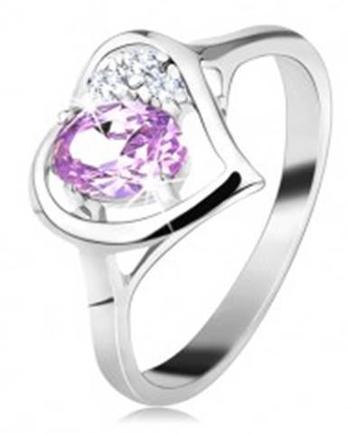 Lesklý prsteň v striebornej farbe s obrysom srdca, svetlofialový oválny zirkón - Veľkosť: 49 mm