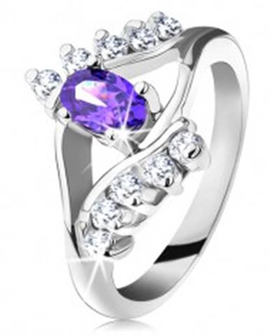 Lesklý prsteň v striebornom odtieni s fialovým oválnym zirkónom, číra línia - Veľkosť: 49 mm