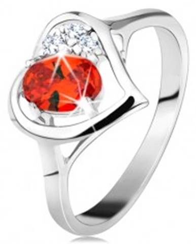 Prsteň v striebornej farbe, kontúra srdca s oranžovým oválom a čírymi zirkónmi - Veľkosť: 50 mm