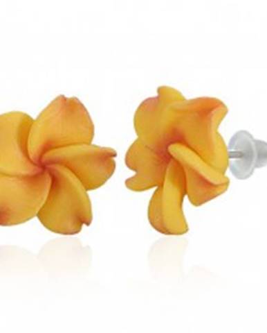 Puzetové FIMO náušnice - žltočervený kvet Plumérie