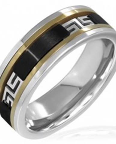 Trojfarebný prsteň - čierny pás, grécky vzor - Veľkosť: 55 mm