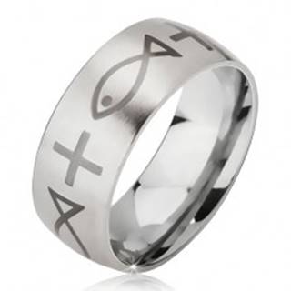 Matný prsteň z chirurgickej ocele striebornej farby, potlač kríža a ryby, 6 mm - Veľkosť: 52 mm