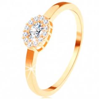 Zlatý prsteň 585 - oválny číry zirkón lemovaný okrúhlymi zirkónikmi - Veľkosť: 49 mm