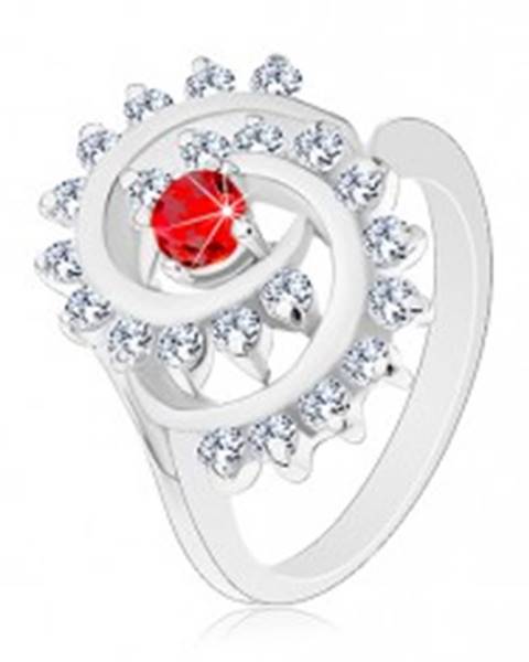 Lesklý prsteň v striebornej farbe, špirála s čírym lemom, červený okrúhly zirkón - Veľkosť: 51 mm