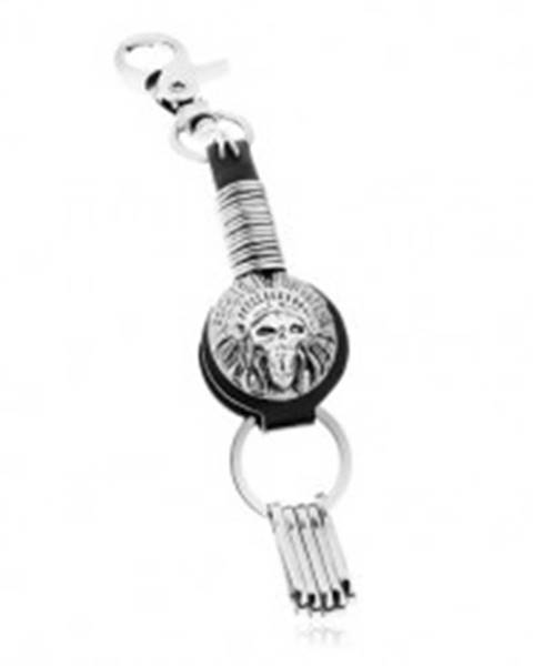 Patinovaný prívesok na kľúče, symbol indiánskej čelenky s lebkou, kruhy