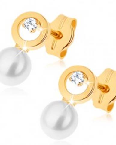 Náušnice v žltom 9K zlate - kontúra kruhu s čírym zirkónikom, biela perla