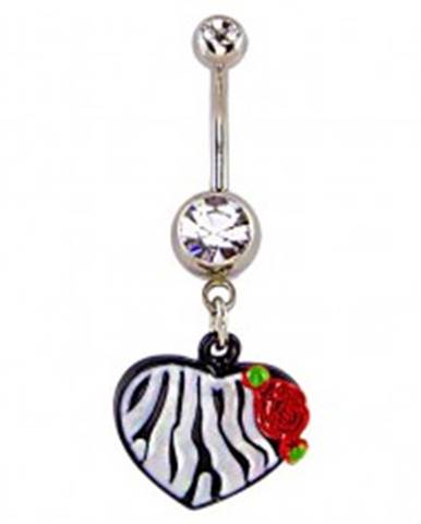 Piercing do pupku - srdce,  vzor čiernobiela zebra a ruža