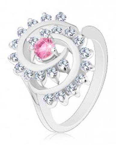 Prsteň v striebornej farbe, špirála s čírym lemom, ružový okrúhly zirkón - Veľkosť: 50 mm