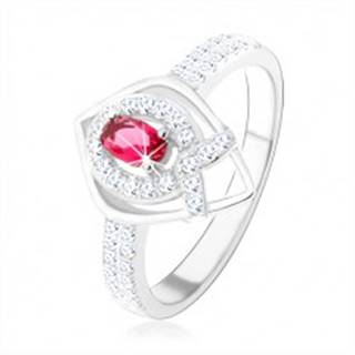 Strieborný prsteň 925, obrys špicatej slzy, ružový zirkón, línia v tvare "V" - Veľkosť: 50 mm