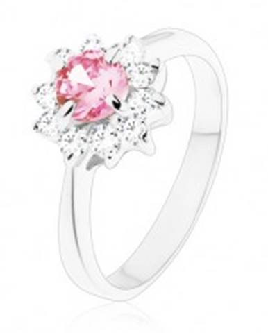 Lesklý prsteň so zirkónovým kvietkom v ružovej a čírej farbe, zúžené ramená - Veľkosť: 49 mm