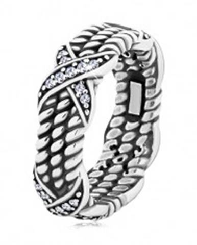 Patinovaný strieborný prsteň 925, motív točeného lana, krížiky so zirkónmi - Veľkosť: 50 mm