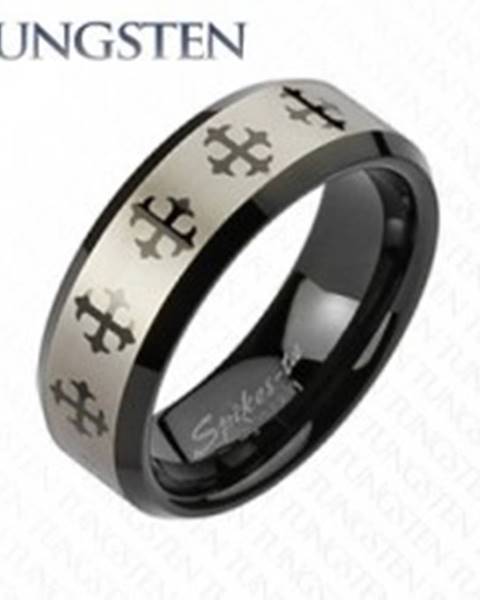Wolfrámový prsteň s krížom a pásom striebornej farby - Veľkosť: 49 mm