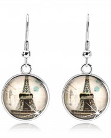 Náušnice s čírym vypuklým sklom, Eiffelova veža, béžový podklad