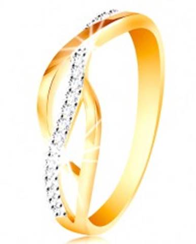 Prsteň v kombinovanom 14K zlate - prepletené hladké a zirkónové línie - Veľkosť: 49 mm