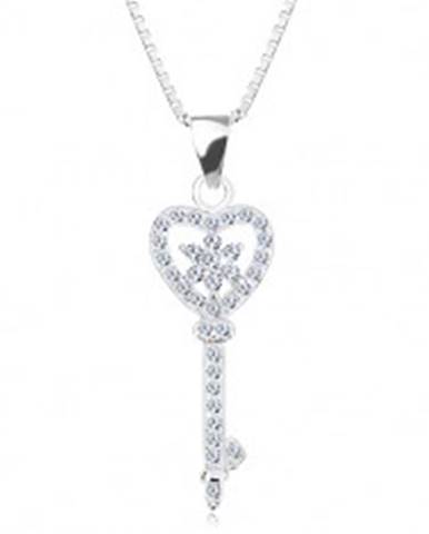 Strieborný 925 náhrdelník - retiazka s príveskom, zirkónový kľúč - srdce, kvet