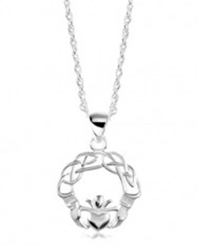 Strieborný náhrdelník 925, zapletené línie, ruky a srdce s korunou