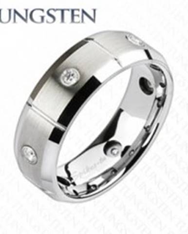 Wolfrámový prsteň s brúsenými obdĺžnikmi a zirkónmi - Veľkosť: 49 mm